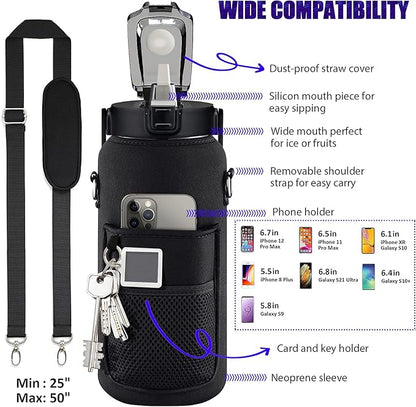 Half Gallon Water Bottle with Sleeve, 64OZ Motivational Water Bottle with Straw & Time Marker, BPA Free Leakproof Large Sports Water Bottle, Reusable Water Jug for Workout Gym Sport