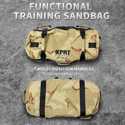 XPRT Fitness Workout Sandbag for Heavy Duty Workout Cross Training 7 Multi-positional Handles - Color Army Green/Black/Camo
