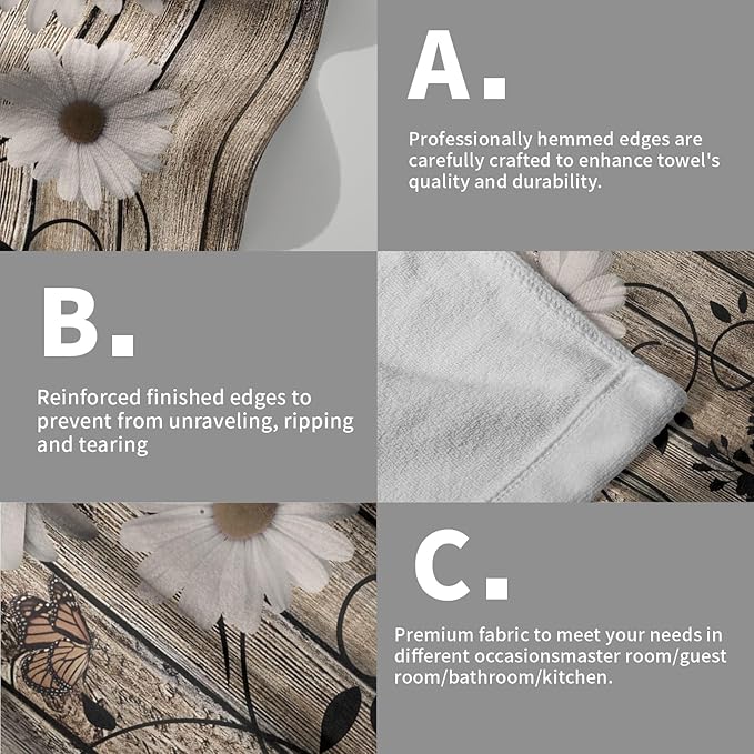 Retro Barn White Daisy Hand Towels Rustic Flower Butterfly Dark Brown Wooden Farmhouse Absorbent Kitchen Towels Spring Vintage Sunflower Floral Quick Dry Microfiber Dish Towels For Kitchen Face Towel
