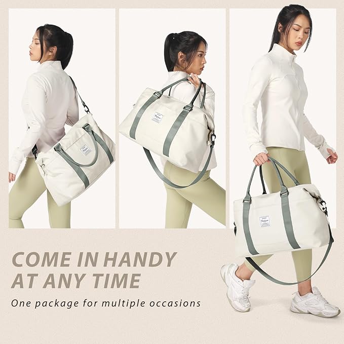 WISEPACK Travel Duffel Bags for Women & Men - Waterproof Weekender, Carry-On, Sports & Gym Bag with Wet Pocket, Overnight & Workout Duffel with Trolley Sleeve - Beige with Green