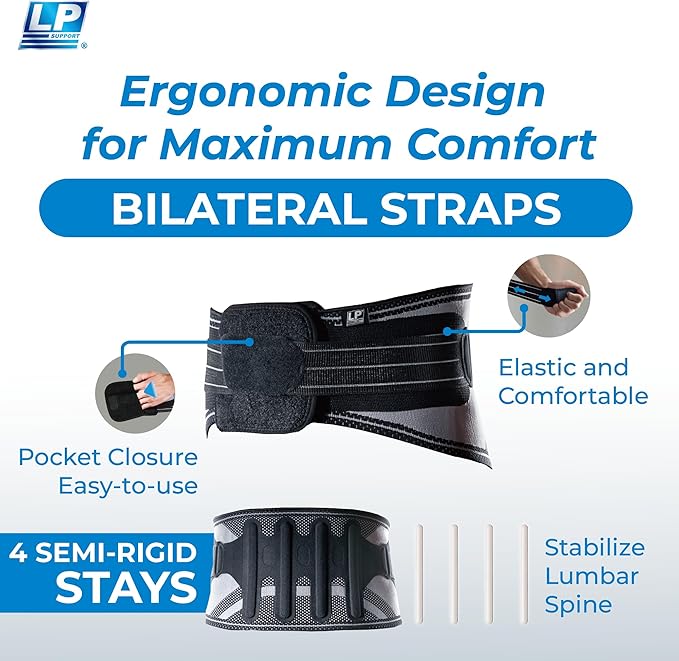 LP SUPPORT Lumbar Back Brace for Lower Back Support - 4 Semi-Rigid Stays with Bilateral Straps, Breathable Knit - For Weightlifting, Heavy Lifting - Men & Women (Extra Large)