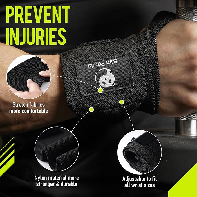 Slim Panda Wrist Wraps for Powerlifting & Weightlifting - Adjustable 18" Straps with Thumb Loops | Heavy Duty Wrist Support for Deadlift, Bench Press, Squats, 1 Pair