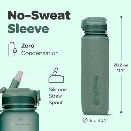 Hydracy Water Bottle with Time Marker -Large BPA Free Water Bottle & No Sweat Sleeve -Leak Proof Gym Bottle with Fruit Infuser Strainer & Times to Drink -Ideal for Fitness Sports & Outdoors