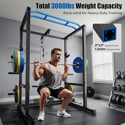 Sportsroyals Squat Rack, LAT Power Cage, Power Rack Multi-Function with Pulley System and Training Attachments for Home Gym