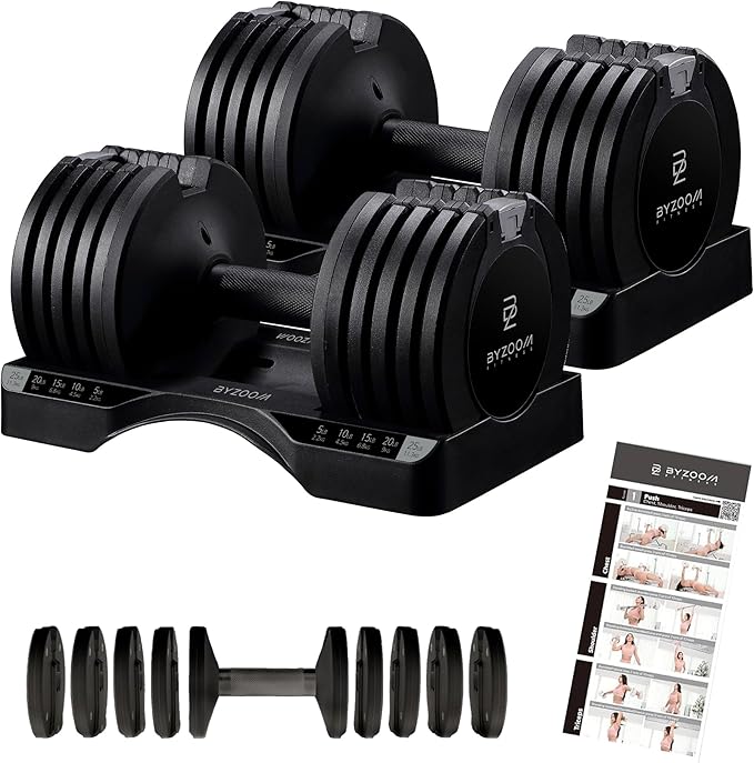 BYZOOM FITNESS Pure Series Adjustable Dumbbell - 12.5/25/27.5/75lb - ONE UNIT OR PAIR(check QTY before purchase) - 5-in-1/ 10-in-1 / 21-in-1 Flexible Hand Weights for Home Gym, Strength Training & Fitness Workouts, White OR Black
