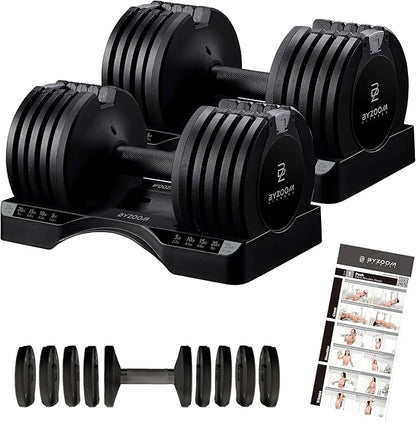 BYZOOM FITNESS Pure Series Adjustable Dumbbell - 12.5/25/27.5/75lb - ONE UNIT OR PAIR(check QTY before purchase) - 5-in-1/ 10-in-1 / 21-in-1 Flexible Hand Weights for Home Gym, Strength Training & Fitness Workouts, White OR Black