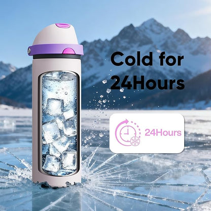 Insulated Water Bottle with Straw - Encool Stainless Steel Water Bottle with Push Button Lid, Leak-Proof & BPA-Free, Keeps Cold for 24 Hours for Sports, Travel, Gym (24 oz, Oyster Pink)