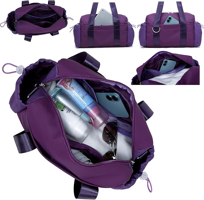 Everyday Mini Gym Bag for Women 2.0, Small Tote with Zipper Compartment Waterproof Travel Duffle Cute Handbag Workout Carry On with Removeable Shoulder Strap & Coin Wallet Easy to Clean - Grape