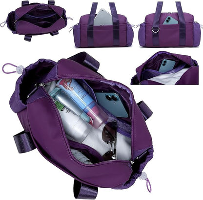 Everyday Mini Gym Bag for Women 2.0, Small Tote with Zipper Compartment Waterproof Travel Duffle Cute Handbag Workout Carry On with Removeable Shoulder Strap & Coin Wallet Easy to Clean - Grape