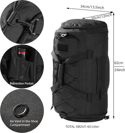 Gym Bag Military Duffle Backpack, Heavy Duty Travel Weekender Bag with Multiple Compartments Including Shoe Compartment Wet-dry Separation Compartment, Adjustable Shoulder Strap 60L Capacity