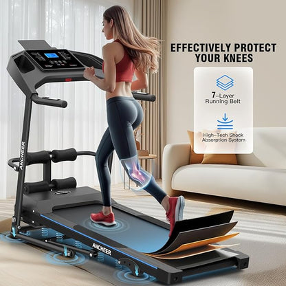Treadmill with Incline & Sit Up Bench, Smart Treadmills for Home with Body Fat Measurement & Heart Rate Sensor, 3.5HP Foldable Heavy Duty Treadmill 350 LB Capacity Multifunction Exercise Equipment