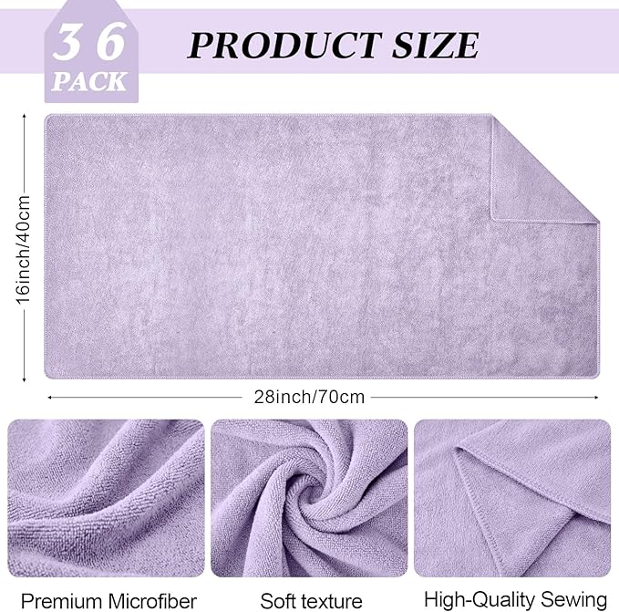 36 Pcs Microfiber Gym Towel 16 x 28 in Bleach Proof Towels Absorbent Soft Sweat Towels Quick Dry Lightweight Towel for Hand Salon Bath Spa Hotel Pool Home Hair Care (Light Purple)