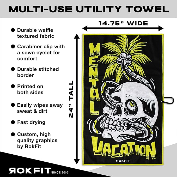 RokFit Gym & Golf Towel – Multi-Use, Quick-Dry, Durable Utility Towel with Bold Graphic and Carabiner Clip (Mental Vacation)