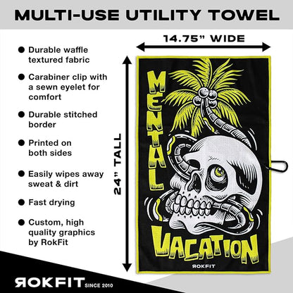 RokFit Gym & Golf Towel – Multi-Use, Quick-Dry, Durable Utility Towel with Bold Graphic and Carabiner Clip (Mental Vacation)