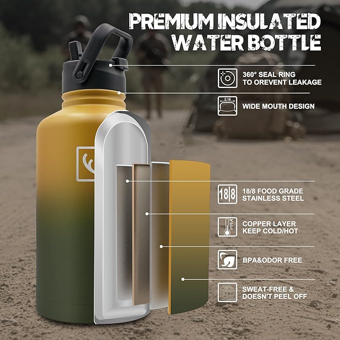 NATURE PIONEOR 64 oz Tactical Water Bottle Set, Stainless Steel Half Gallon Insulated Water Bottle with Tactical MOLLE Bottle Carrier Sleeve, for Outdoor Work, Gym, Hiking, Camping