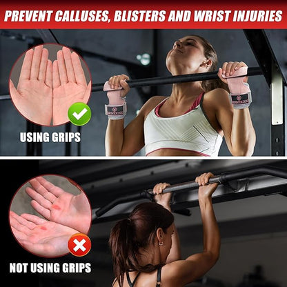 Pink Wrist Straps for Weightlifting Women - Dual Layer Leather Workout Grips for Deadlift and Powerlifting – Non-Slip Hand Wraps for Weight Lifting with Storage Bag