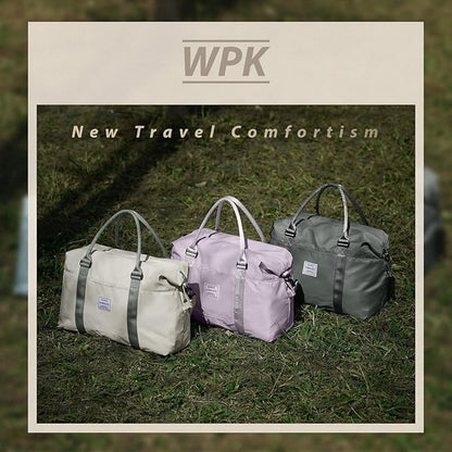 WISEPACK Travel Duffel Bags for Women & Men - Waterproof Weekender, Carry-On, Sports & Gym Bag with Wet Pocket, Overnight & Workout Duffel with Trolley Sleeve - Beige with Green