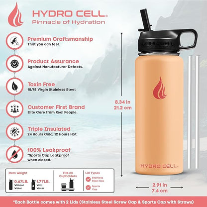 HYDRO CELL Stainless Steel Insulated Water Bottle with Straw - For Cold & Hot Drinks - Metal Vacuum Flask with Screw Cap and Modern Leakproof Sport Thermos for Adults (Peach 18oz)