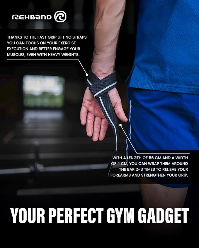 Rehband Lifting Straps for Strength Training, 1 Pair Fitness Pull Straps, 100% Cotton, 56cm Grip Support for Bodybuilding, More Grip Strength Weightlifting