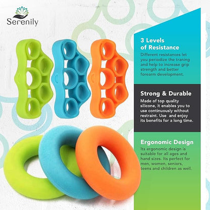 Serenily Hand Grip Strengthener Forearm Strengthener for Hand Workout Grip Strength Trainer Hand Gripper Strengthener Finger Stretcher Hand Strengthening Devices - 6 Pack Hand Exercisers for Strength
