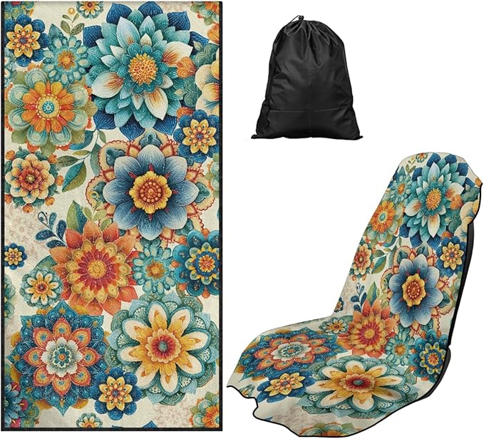 Bulopur Mandala Floral Sweat Seat Covers for Cars Boho Auto Accessories for Women Girly Blue Athletic Running Towel Car Seat Cover After Gym Surfing Yoga Workout
