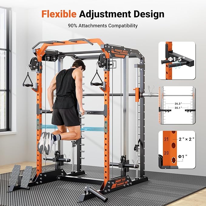 YOLEO Smith Machine & Squat Rack Combo, Multi-Functional Power Racks with Adjustable Width & Pull-Up Bar, Cable Crossover Power Cage, Independent Dual-Pulley System for Home Gym Garage Basement