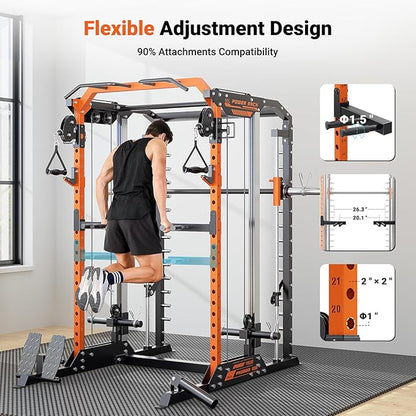 YOLEO Smith Machine & Squat Rack Combo, Multi-Functional Power Racks with Adjustable Width & Pull-Up Bar, Cable Crossover Power Cage, Independent Dual-Pulley System for Home Gym Garage Basement