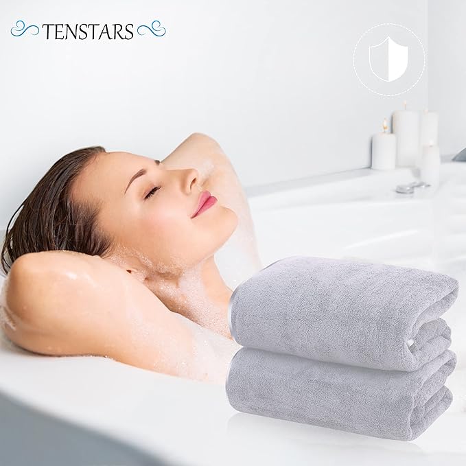 TENSTARS Silk Hemming Bath Towels for Bathroom Clearance - 27 x 55 inches - Light Thin Quick Drying - Soft Microfiber Absorbent Towel for Bath Fitness, Sports, Yoga, Travel, Gym - 2 Pack, Light Grey