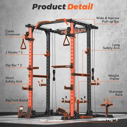 FEIERDUN FLA01 Power Cage Multi Function Squat Rack with Cable Crossover System,2000LBS Capacity with LAT Pulldown,10-in-1 Home Gym