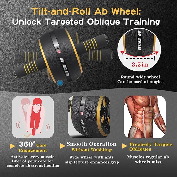 Ab Roller Wheel,Stable Wide Wheel For Beginner,Men,Women,Abs & Core Workout Equipment For Home Gym With Knee Pad,Abdominal Wheel For Full-Body Strength Training