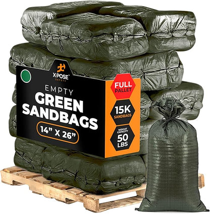 Xpose Safety Heavy Duty Sand Bags with Tie Strings – Empty Woven Polypropylene Sandbags for Hurricane Flood Protection, 50 lb Capacity, 14" x 26", Green, Bulk Full Pallet Pack of 15000