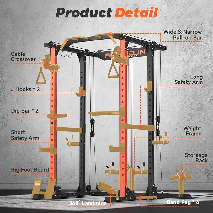 FEIERDUN FLA01 Power Cage Multi Function Squat Rack with Cable Crossover System,2000LBS Capacity with LAT Pulldown,10-in-1 Home Gym