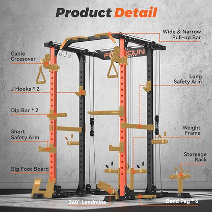 FEIERDUN FLA01 Power Cage Multi Function Squat Rack with Cable Crossover System,2000LBS Capacity with LAT Pulldown,10-in-1 Home Gym