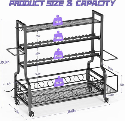 PARTPHONER Adjustable Dumbbell Rack, Weight Rack for Home Gym Storage, Home Gym Storage for Stores Dumbbells, Kettlebells and Yoga Mats, All in One Workout Storage Racks with Wheels and Hooks, Durable Powder Coated Steel