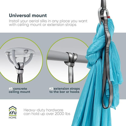AyuHome Aerial Silks Kit for Home - Premium Yoga Swing for Kids and Adults with 660 lbs Capacity - Versatile Aerial Yoga Hammock for Gymnastics Training