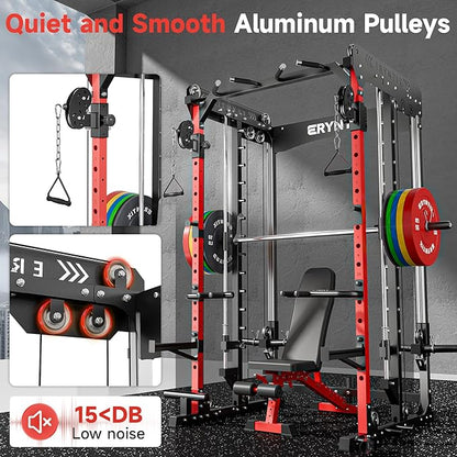 Smith Machine Power Rack, Eryntix All-in-One Power Cage with Cable Crossover, Squat Rack, LAT Pulldown & Pull-Up Bar, 2600LBS Capacity Home Gym Equipment with 18 Attachments for Strength Training