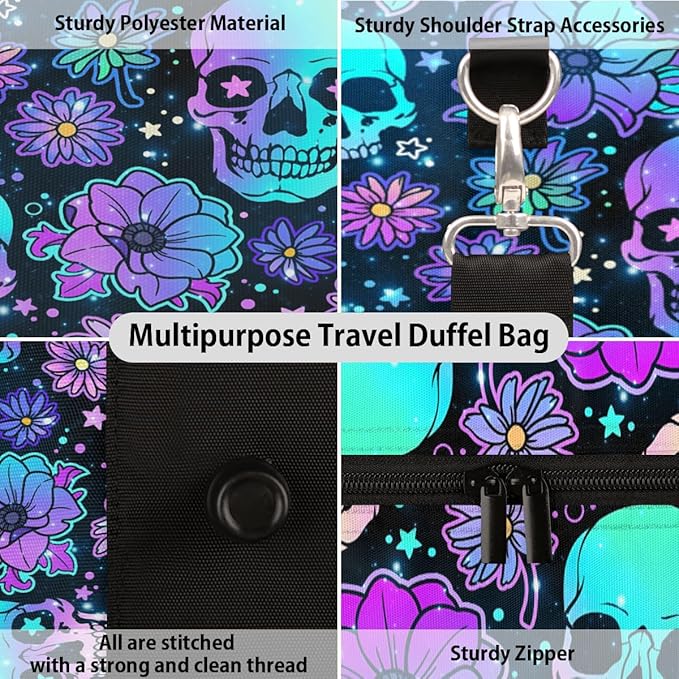 Travel Duffel Bag Skeleton Universe Flower Sport Tote Gym Bag Waterproof Foldable Carryon Weekend Overnight Training Handbag Sports Duffle Bags for Women Men Boys Girls