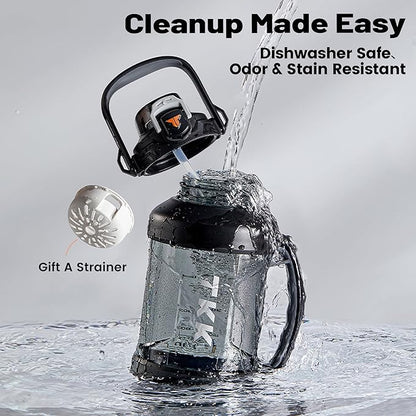 TKK Half Gallon Water Jug Sport Bottle with Straw 2 in 1 Lid Dishwasher Safe BPA Free Leakproof Large Capacity Tritan Plastic Bottle 1/2 Gallon 64oz Water Bottle for Gym Travel Camping Outdoor, Black