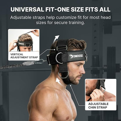 DMoose Fitness Neck Harness for Weight Lifting - Soft Padded Head & Chin Strap with 30" Heavy Duty Steel Chain - Neck Exerciser, Trainer & Strengthener to Support Injury Recovery and Intense Workouts