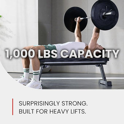 Finer Form Gym Quality Foldable Flat Bench for Multi-Purpose Weight Training and Ab Exercises - Free PDF Workout Chart Included