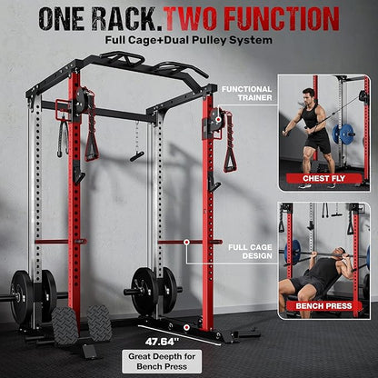 DP01 Power Cage, 2000LBS Squat Rack with with Cable Crossover and Dual Independent Pulley System, Full Cage for Full Body Training, Power Rack with More Training Attachments for Home Gym