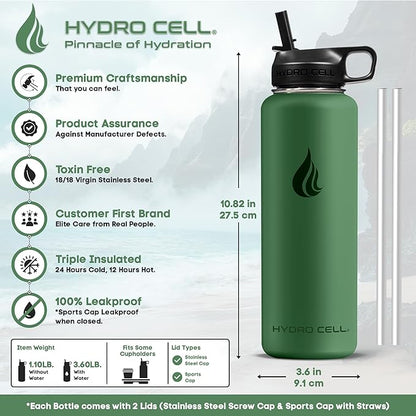 HYDRO CELL Stainless Steel Insulated Water Bottle with Straw - For Cold & Hot Drinks - Metal Vacuum Flask with Screw Cap and Modern Leakproof Sport Thermos for Adults (Forrest 40oz)