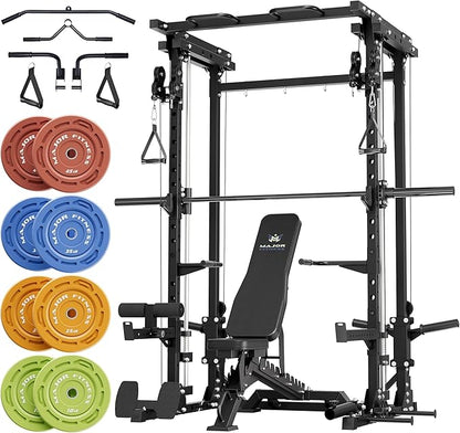 MAJOR FITNESS Drone3 Smith Machine, 2500lbs All-in-One Home Gym Power Rack with Dual Pulley System for Cable Crossover, Pull-Up Bars