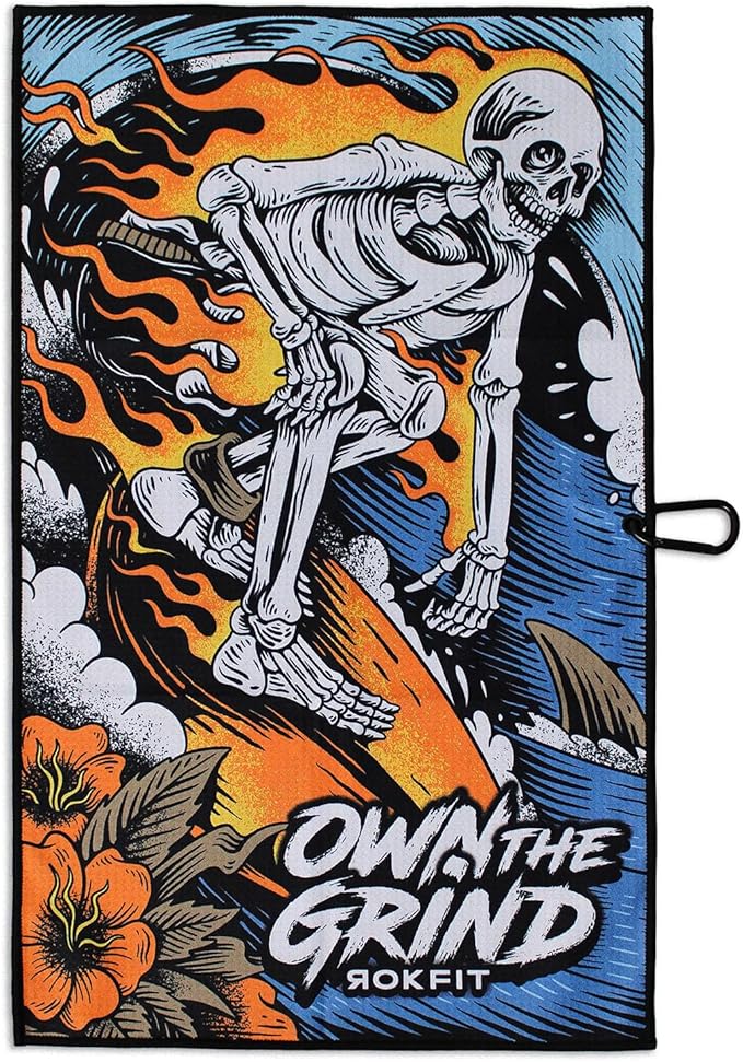 RokFit Gym & Golf Towel – Multi-Use, Quick-Dry, Durable Utility Towel with Bold Graphic and Carabiner Clip (Own The Grind)
