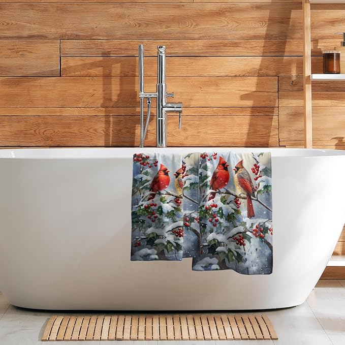 Winter Red Bird Hand Towels Pack of 2 Sweet Couple Cardinal Fingertip Towels Birds Holly Berry Branches Snow Christmas Holiday Bathroom Towels Soft Fast Drying Face Towel for Kitchen Spa Gym