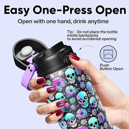 Insulated Water Bottle with Straw - Encool Stainless Steel Water Bottle with Push Button Lid, Leak-Proof & BPA-Free, Keeps Cold for 24 Hours for Sports, Travel, Gym (32 oz, Floral Afterlife)