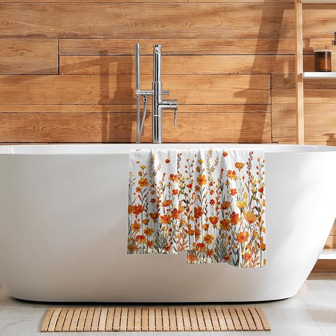 Watercolor Orange Daisy Hand Towels Fall Yellow Wildflowers Leaves Plant Bathroom Towel Autumn Floral Botanical Decorative Fingertip Season Thanksgiving Soft Absorbent Kitchen Hotel Spa Gym Towel