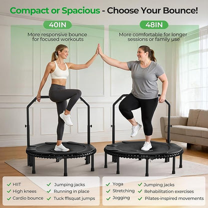BCAN BT2 450/550LBS Mini Rebounder Trampoline for Adults with Bar, Fitness Trampoline with Bungees, Adjustable Handle, Stable & Quiet, Indoor Outdoor, Whole-Body Workout & Relaxation at Home-40IN/48IN