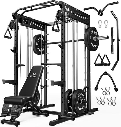 M21 Smith Machine, Multi-Function Power Cage with Dual Pulley Cable Crossover System, 2000LBS All-in-One Squat Rack with Smith Bar and Attachments for Home Gym Strength Training