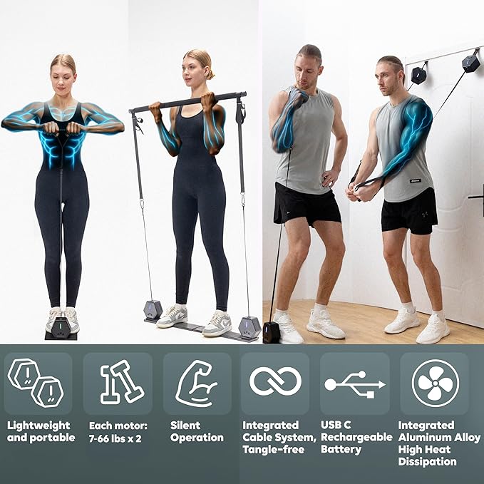 Smart Home Gym - Portable Home Gym Equipment with Digital Resistance 7-66 lbs | Double Motor Electronic Cable Machine for Strength Training | Compact Motorized Adjustable Weight Fitness System